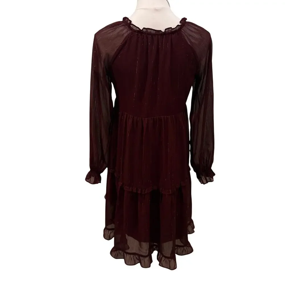 Old Navy Burgundy Long Sleeve Tiered Swing Dress Girls XL Boho Tiered Shimmer